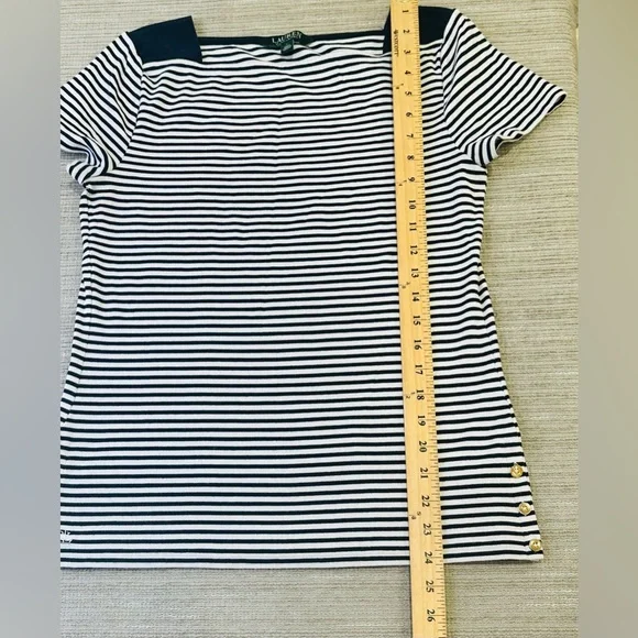 Lauren Ralph Lauren Womens Blue White Short Sleeve Striped T Shirt Size L - Picture 5 of 6
